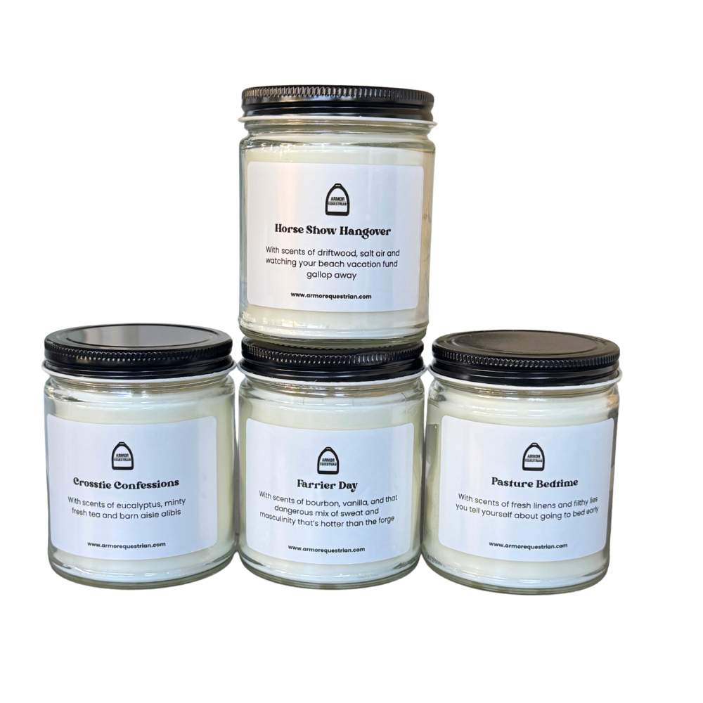 Four jars of candles with labels on a white background