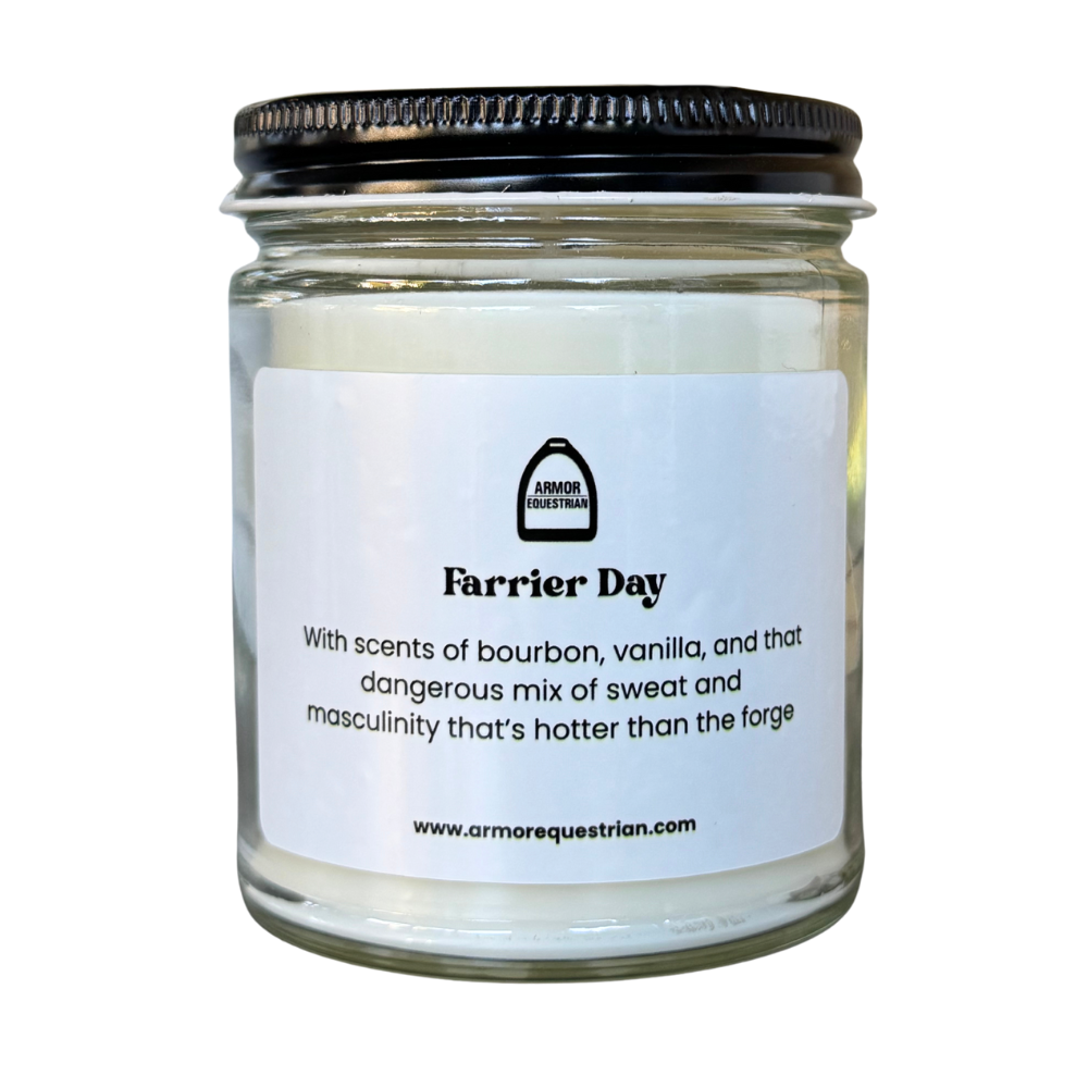 Jar of 'Farrier Day' candle with a label on a white background