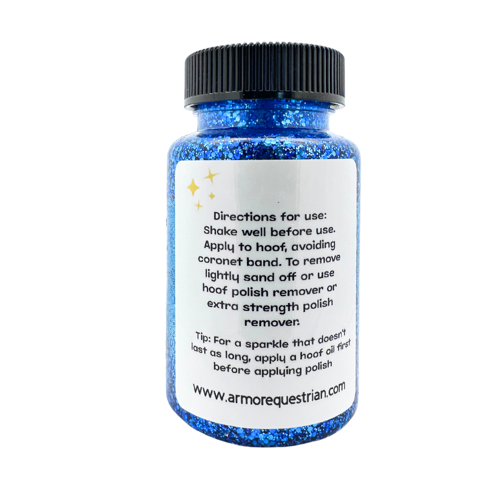 Blue glittery hoof polish bottle with white label and black cap on white background
