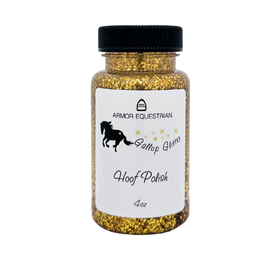 A bottle of Armor Equestrian Gallop Glitter Hoof Polish in gold color with a label featuring a silhouette of a horse and rider.