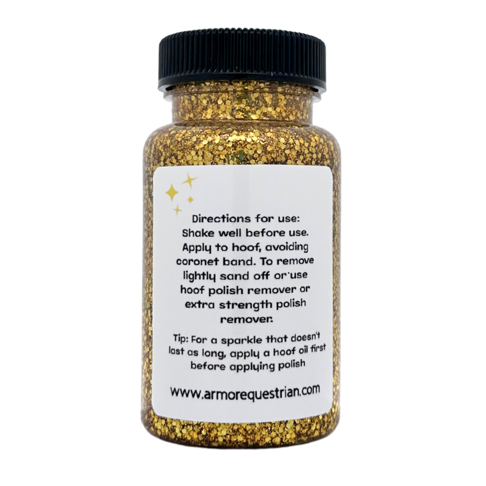 Bottle of gold glitter with label on white background