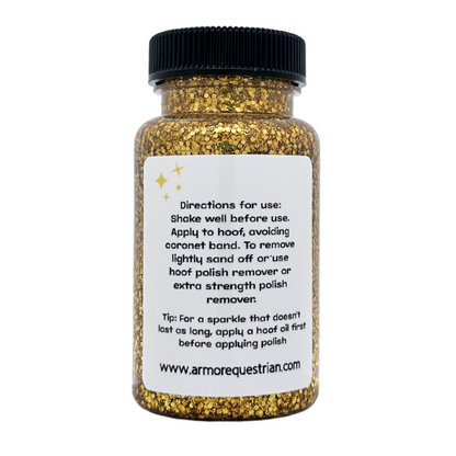 Bottle of gold glitter with label on white background