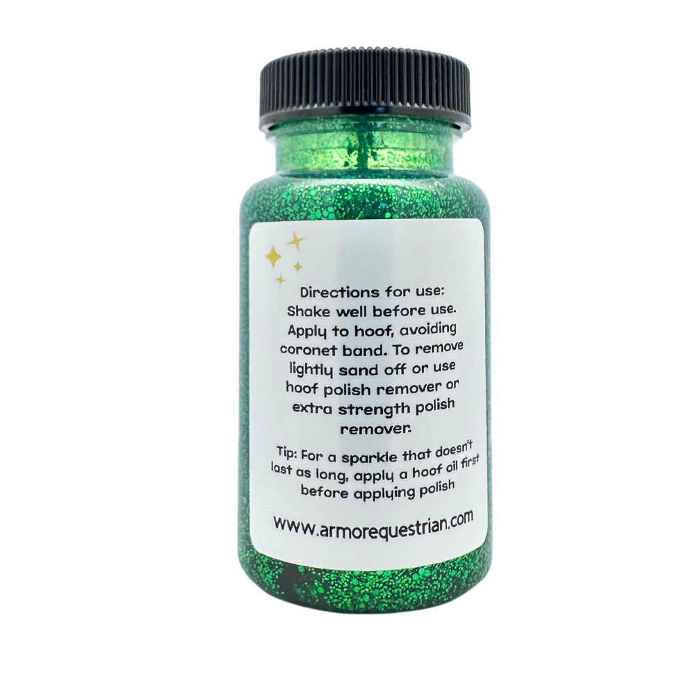 Bottle of green glittery hoof supplement with label on white background