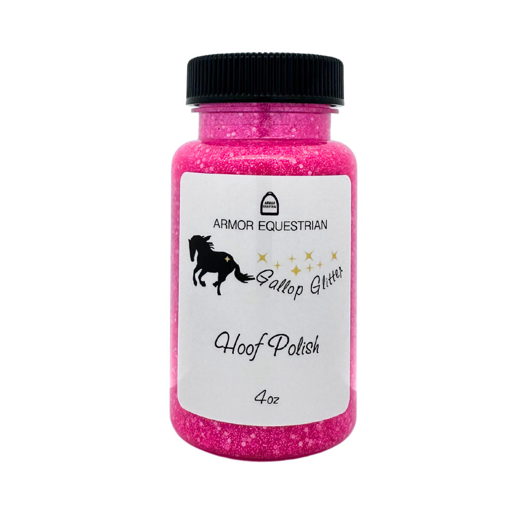 A bottle of Gallop Glitter Horse Hoof Polish in pink color with an attached wool applicator, labeled '4oz' and branded by Armor Equestrian.