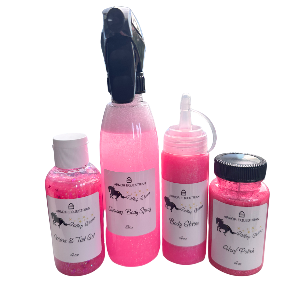 A set of four pink horse glitter products including hoof polish, body glitter, mane and tail gel, and shimmer body spray.