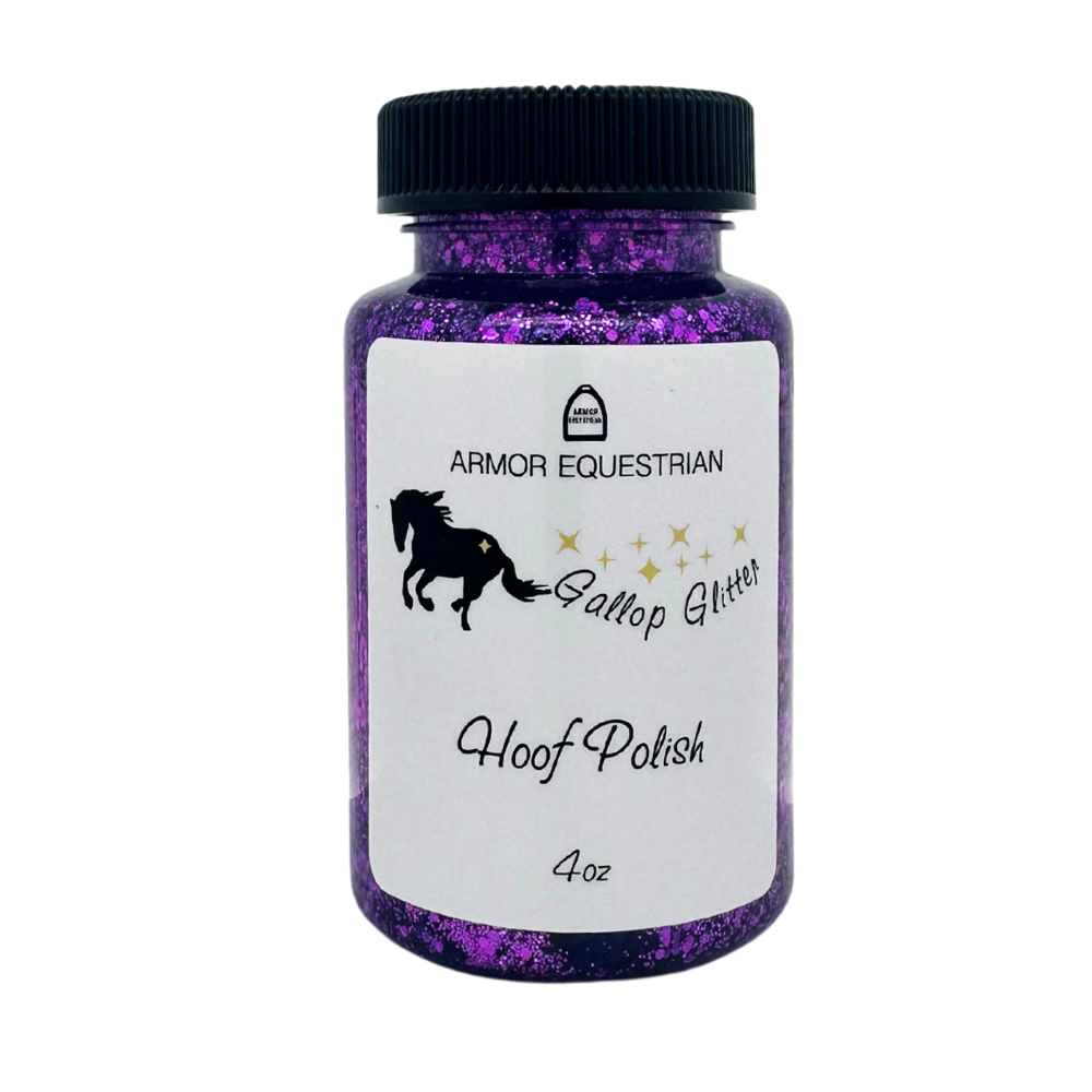 A bottle of Armor Equestrian Gallop Glitter Hoof Polish in purple color with an attached wool applicator, labeled for horse hoof care.