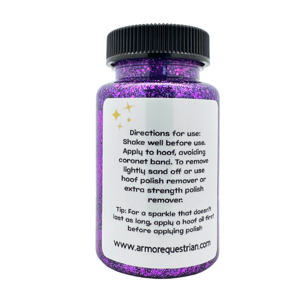 Purple hoof polish bottle with directions on a white background