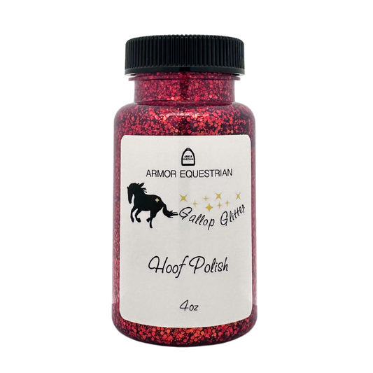 A bottle of Gallop Glitter Hoof Polish in red color with an attached label showing the brand and product name, and a silhouette of a horse.