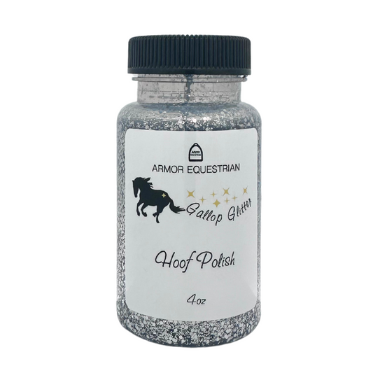 A bottle of Armor Equestrian Gallop Glitter Hoof Polish in silver color with a label and applicator attached to the lid.