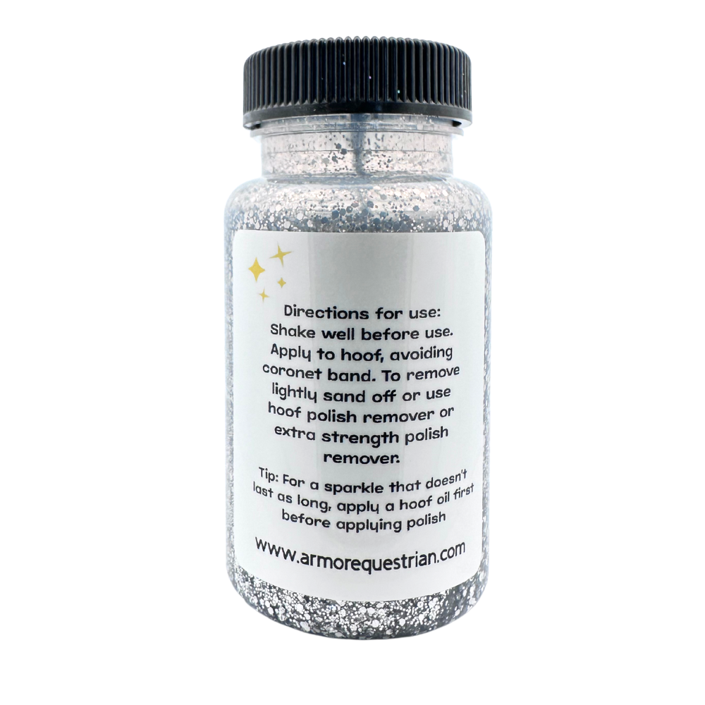 Bottle of horse hoof polish with black cap and glittery label.