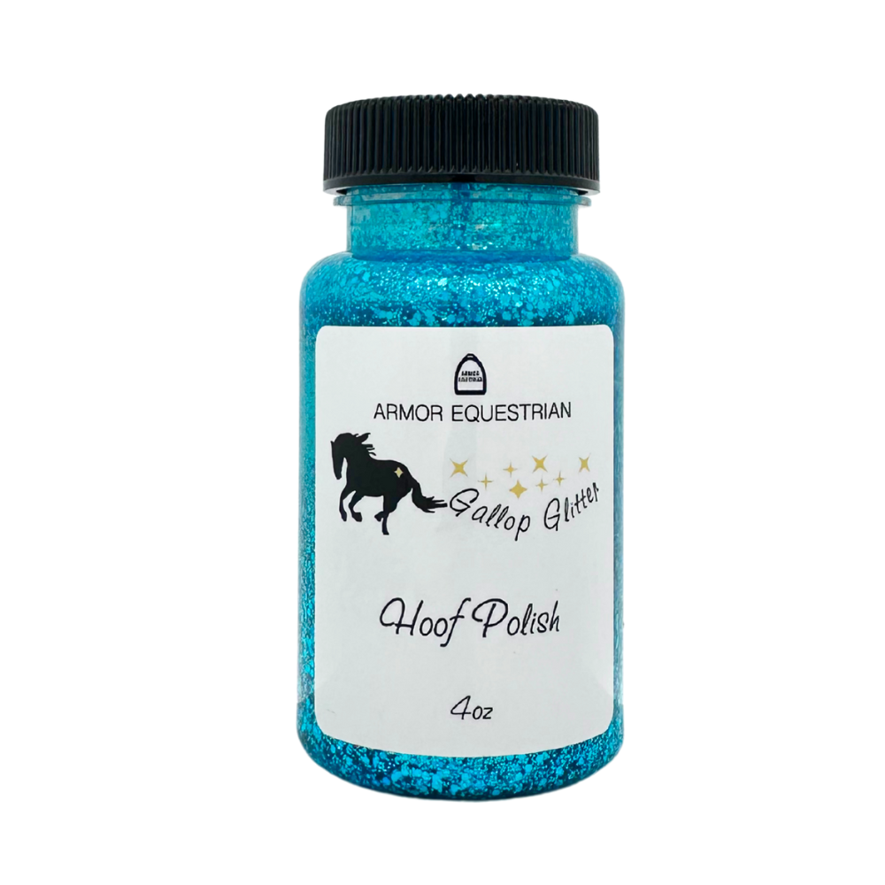 A bottle of Armor Equestrian Gallop Glitter Horse Hoof Polish in blue color with a label and black lid.