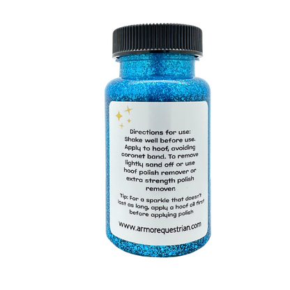 Blue glittery hoof polish bottle with label on white background