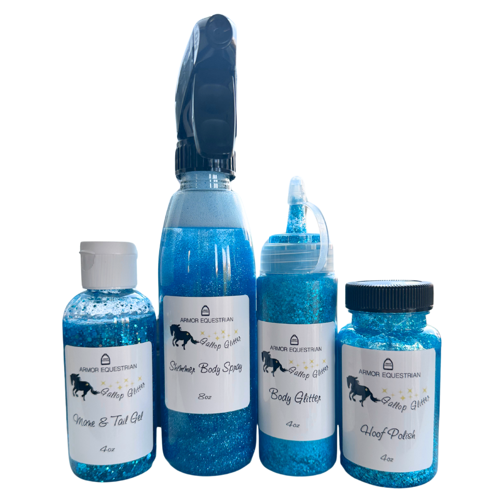 Set of equestrian products including body spray, gel, and hoof polish with blue glitter.