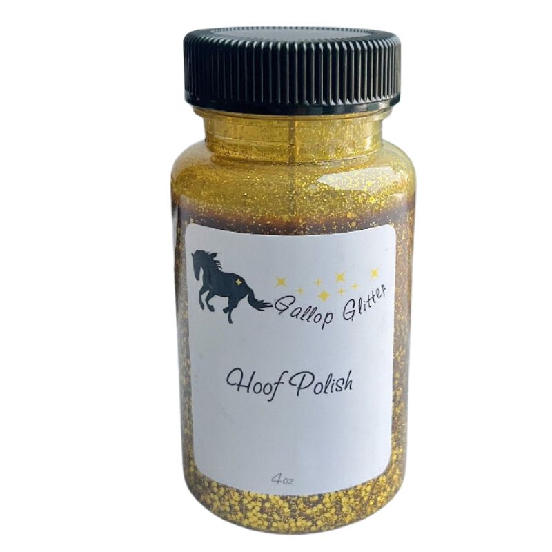 4oz bottle of Gallop Glitter gold glitter hoof polish