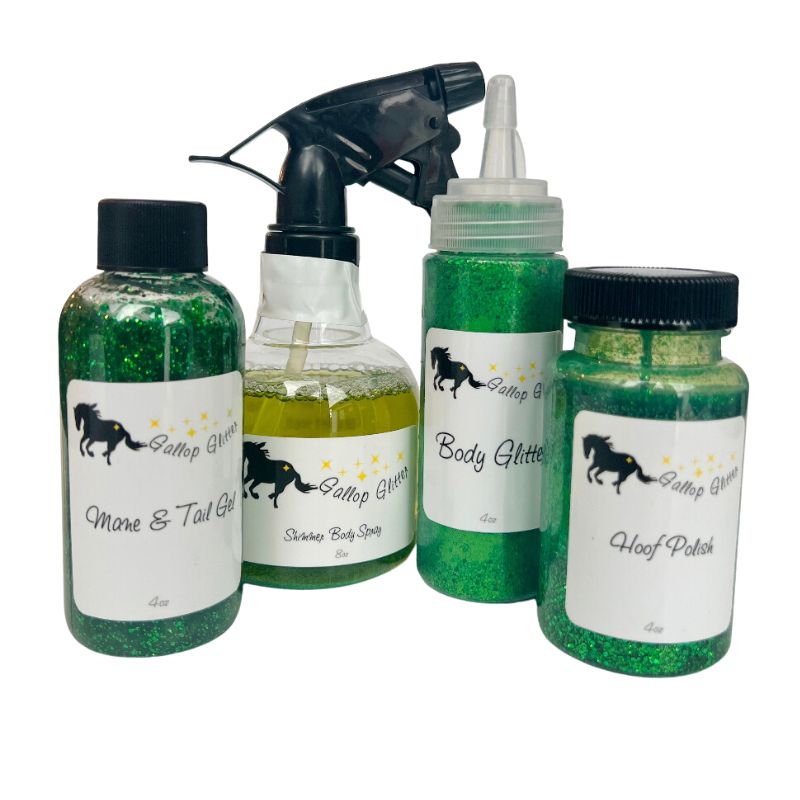 Green glitter set for horses includes mane and tail gel, shimmer spray, body glitter and hoof polish