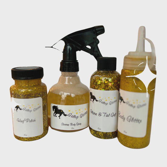 video of gold Gallop Glitter set of 4 including mane and tail gel, shimmer spray, body glitter and hoof polish