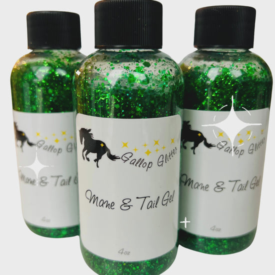 Video with three bottles of Gallop Glitter green Mane and Tail gel with white starburst sparkle graphics