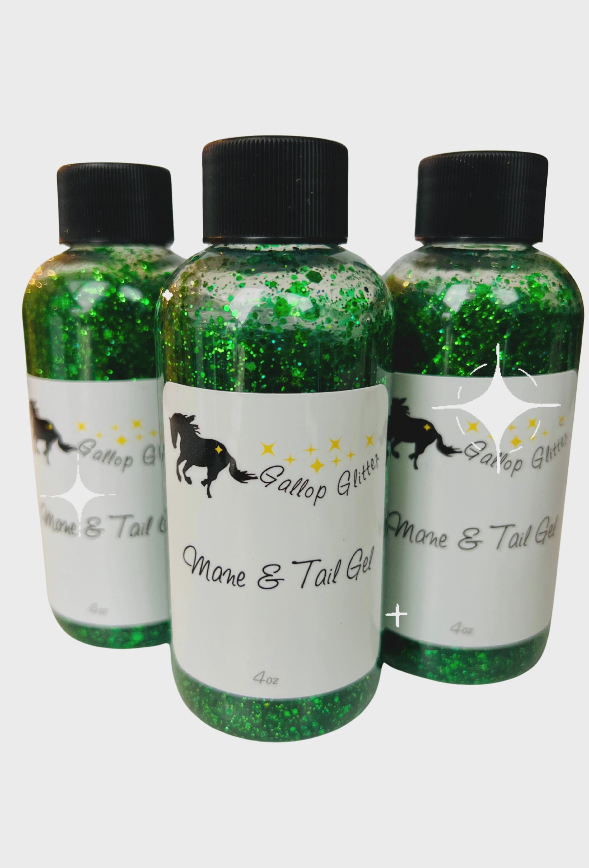 Video with three bottles of Gallop Glitter green Mane and Tail gel with white starburst sparkle graphics