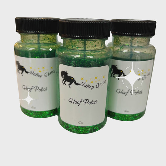 Video of Gallop Glitter Green Hoof Polish with white starburst sparkle graphics