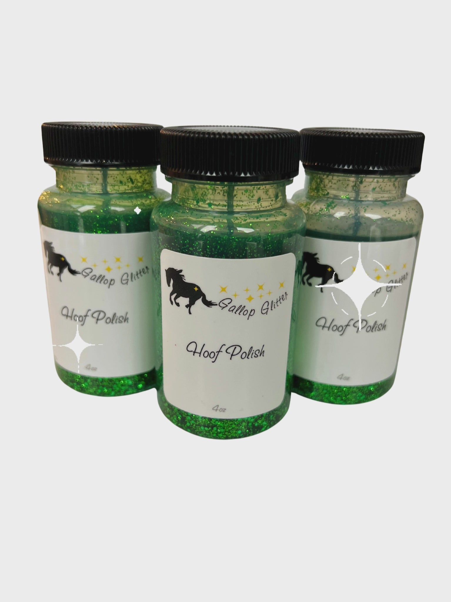 Video of Gallop Glitter Green Hoof Polish with white starburst sparkle graphics