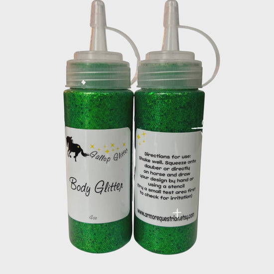 Video showing Gallop Glitter green Body Glitter front and back labels