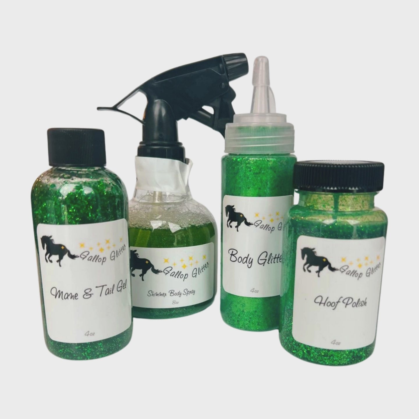 Video showing Green Gallop Glitter set including Mane and Tail Gel, Shimmer Body Spray, Body Glitter and Hoof Polish