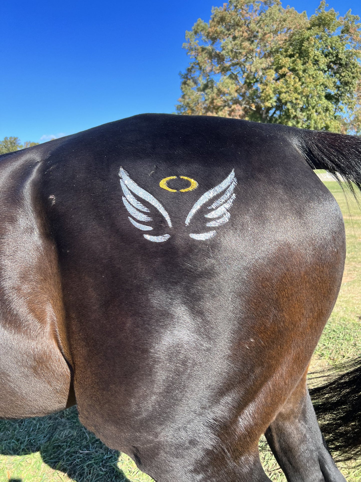 Horse with glitter angel wings and halo tattoo quarter mark