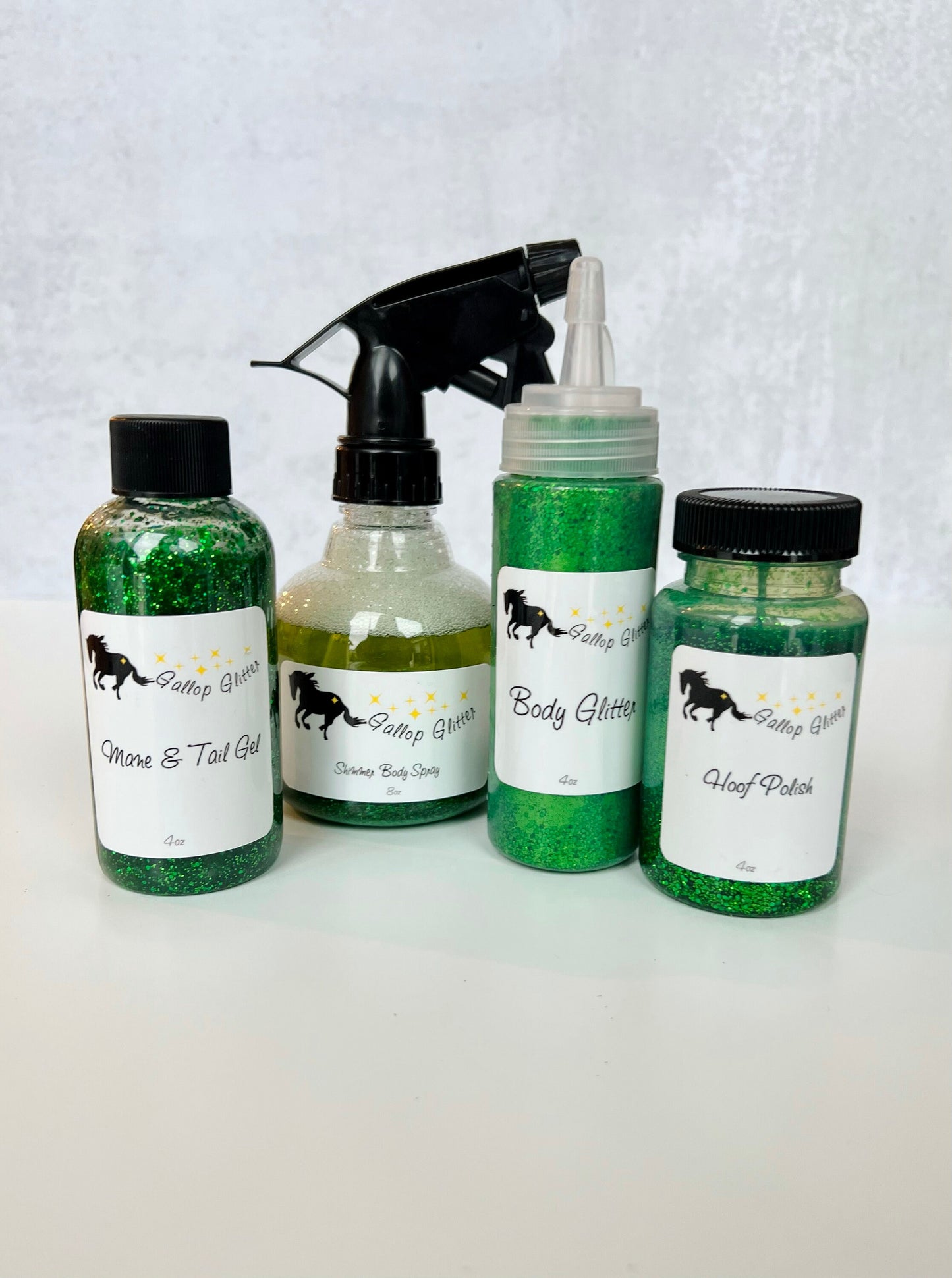 Set of green Gallop Glitter including mane and tail gel, shimmer spray, body glitter and hoof polish